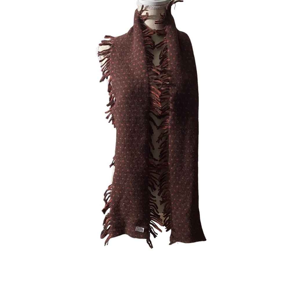 Brown & Orange 100% Irish Wool Reversible Dot Print /Stripe Print Frilly Scarf